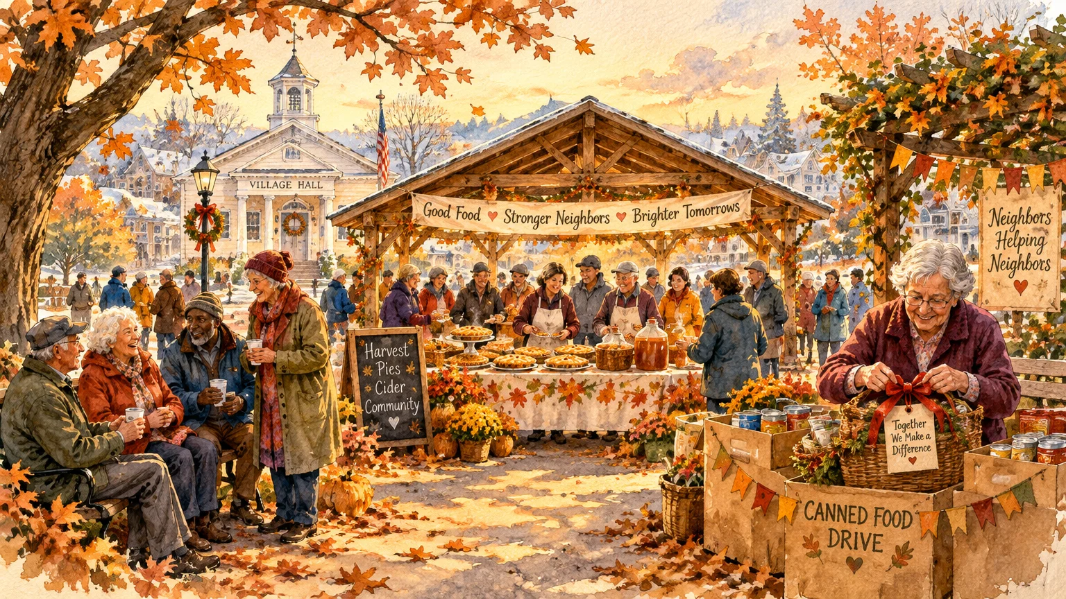 Autumn watercolor illustration of a town gathering with seniors enjoying a food drive and pie stand outside a village hall.