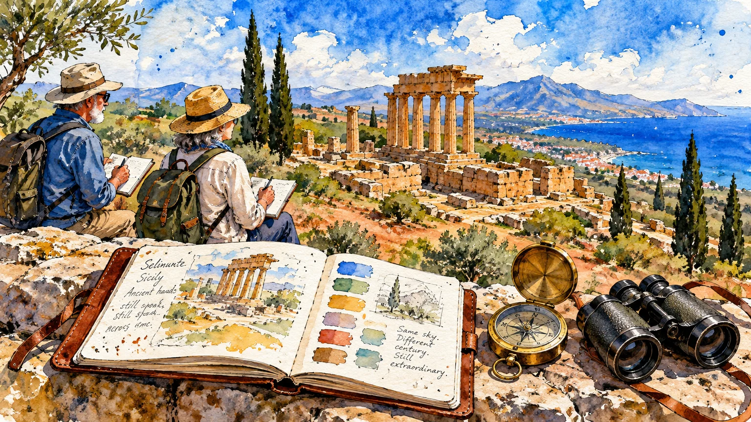 Watercolor illustration of two travelers sketching ancient ruins overlooking a sea, with a journal and compass in front.