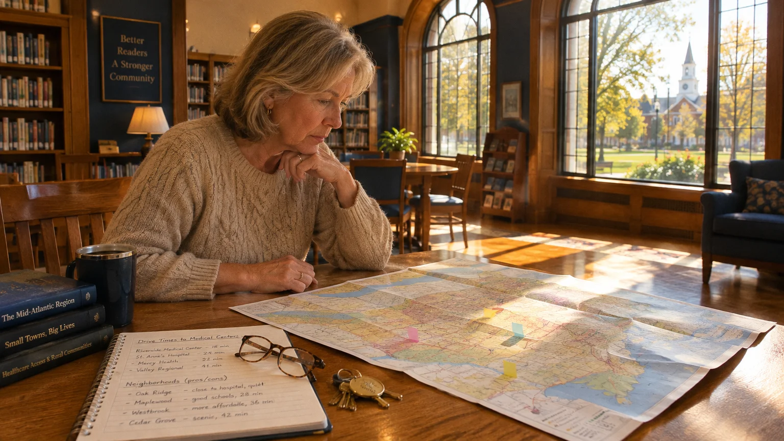 Senior woman sitting at a library table studying a map marked with sticky notes beside a notebook and glasses.