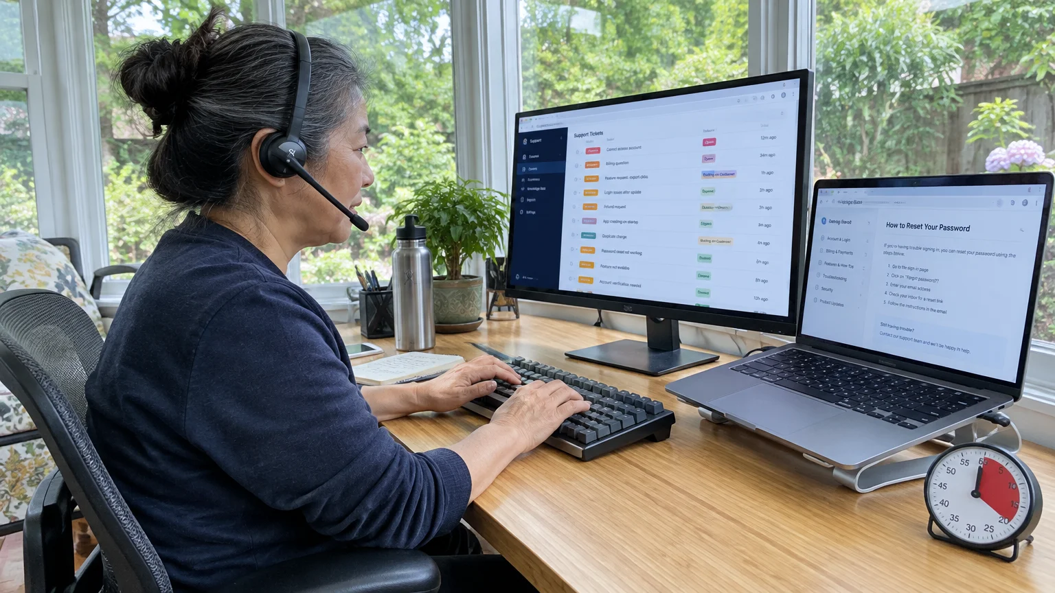 A woman wearing a headset types at a desk with a laptop and a large monitor displaying customer support tickets.