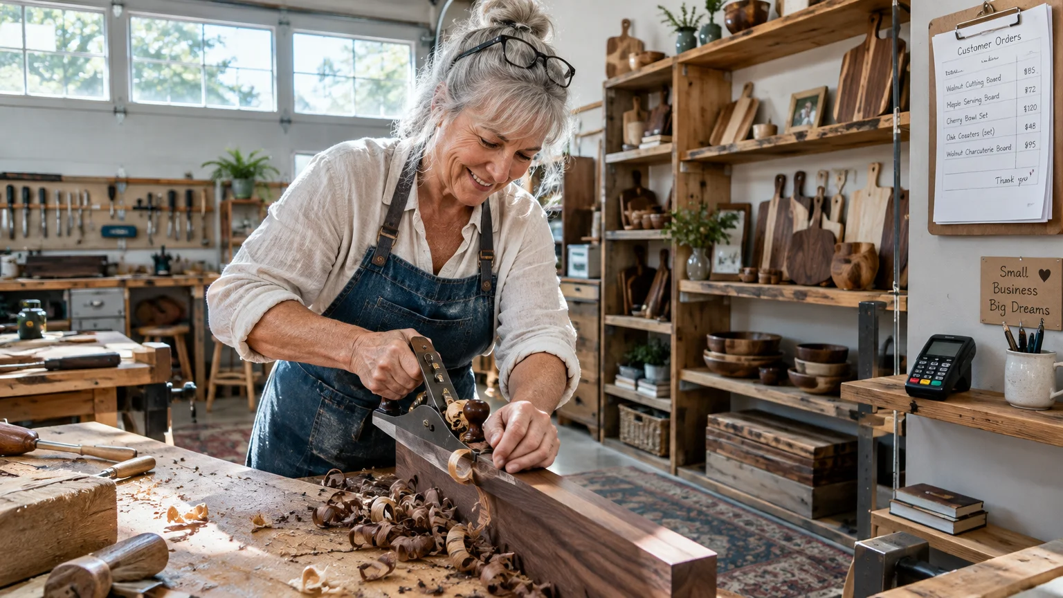 A smiling senior woman in an apron uses a hand plane on wood in a bright woodworking workshop.